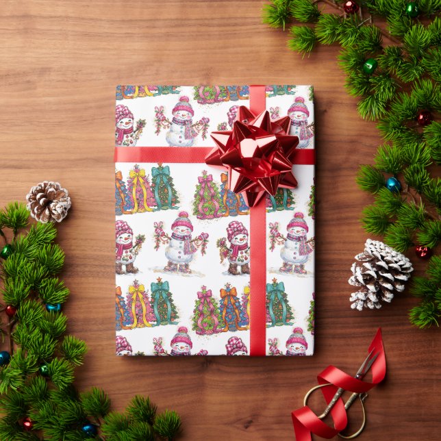 Christmas Tree Snowman Festive Winter Pattern Wrapping Paper (Holiday Gift)