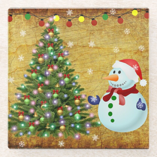 Christmas Tree Snowman Glass Coaster (Front)