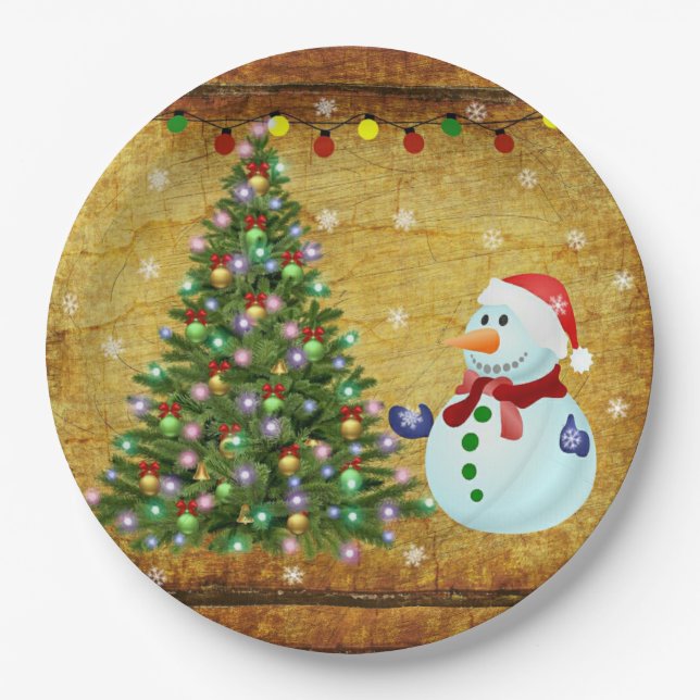 Christmas Tree Snowman Paper Plate (Front)