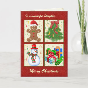 Christmas tree, snowman, presents, gingerman holiday card
