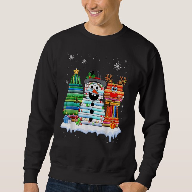 Christmas Tree Snowman Reindeer Book Stack Librari Sweatshirt (Front)