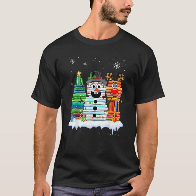 Christmas Tree Snowman Reindeer Book Stack Librari T-Shirt (Front)