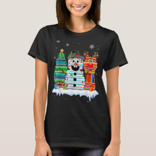 Christmas Tree Snowman Reindeer Book Stack Librari T-Shirt