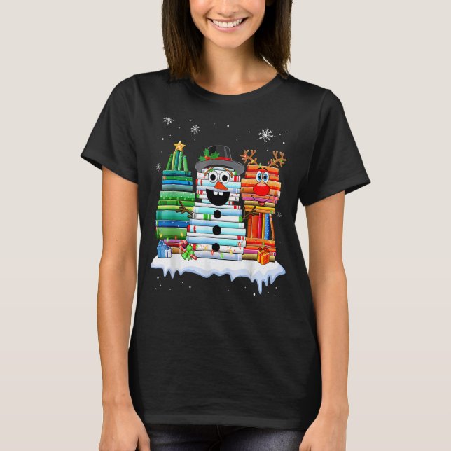 Christmas Tree Snowman Reindeer Book Stack Librari T-Shirt (Front)