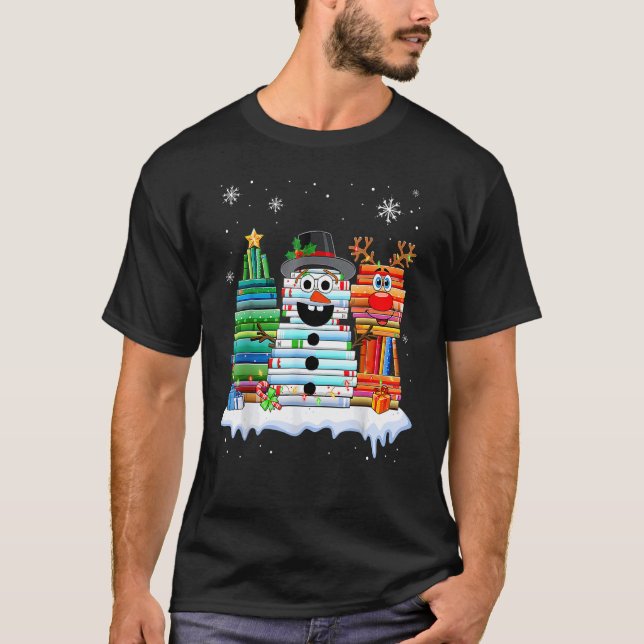 Christmas Tree Snowman Reindeer Book Stack Librari T-Shirt (Front)