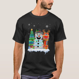 Christmas Tree Snowman Reindeer Book Stack Librari T-Shirt