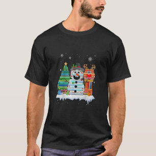 Christmas Tree Snowman Reindeer Book Stack Librari T-Shirt