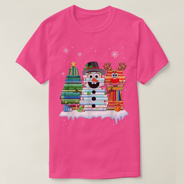 Christmas Tree Snowman Reindeer Book Stack Tee Lib (Design Front)