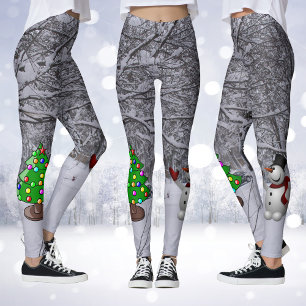 Christmas Tree, Snowman, Snow Scene Photo Leggings
