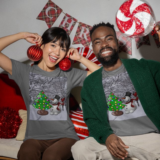 Christmas Tree, Snowman, Snow Scene Unisex Dark T-Shirt (Christmas Tree, Snowman, Snow Scene Unisex Dark T-Shirt)