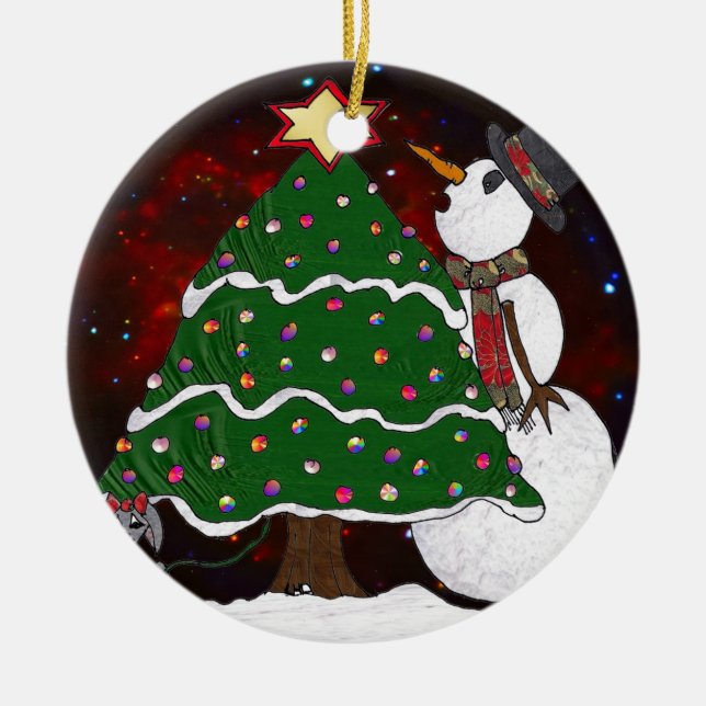 Christmas Tree Snowman Surprise Art Print Ceramic Tree Decoration (Front)