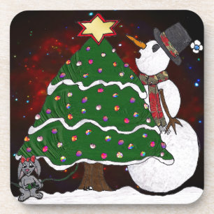 Christmas Tree Snowman Surprise Art Print Coaster
