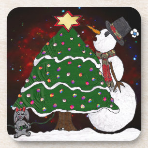 Christmas Tree Snowman Surprise Art Print Coaster
