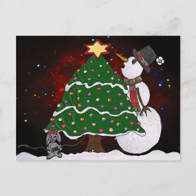 Christmas Tree Snowman Surprise Art Print Holiday Postcard (Front)