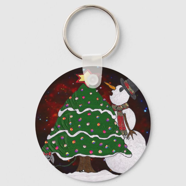 Christmas Tree Snowman Surprise Art Print Key Ring (Front)