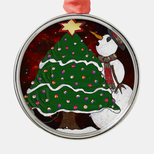 Christmas Tree Snowman Surprise Art Print Metal Tree Decoration (Front)
