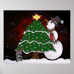 Christmas Tree Snowman Surprise Art Print Poster