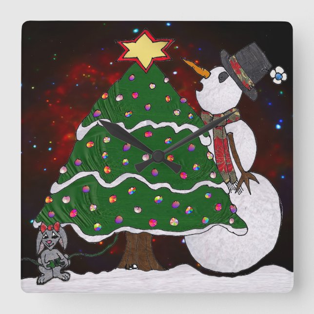 Christmas Tree Snowman Surprise Art Print Square Wall Clock (Front)