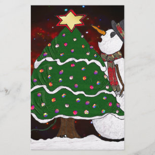 Christmas Tree Snowman Surprise Art Print Stationery
