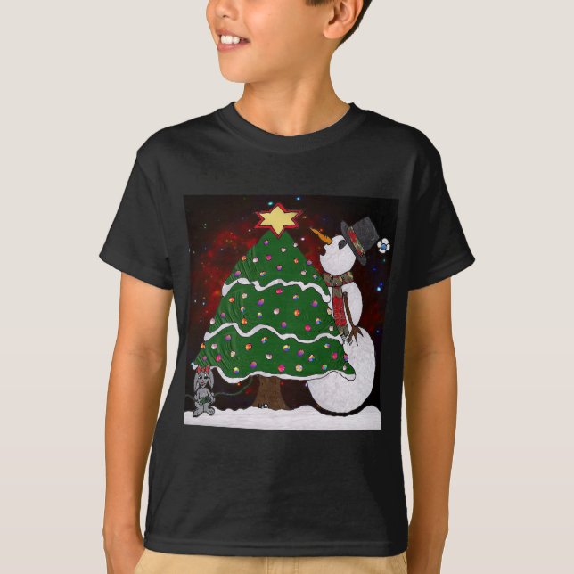 Christmas Tree Snowman Surprise Art Print T-Shirt (Front)