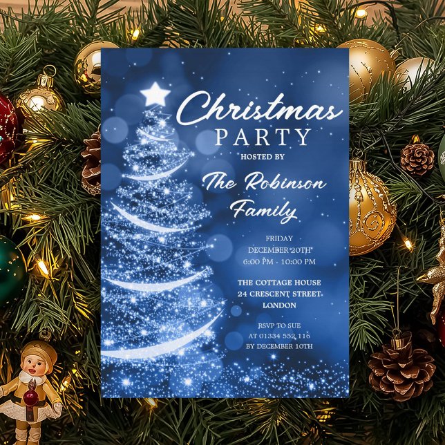 Christmas Tree Sparkle Blue Christmas Party Invitation (Christmas Tree Sparkle Blue Christmas Party Invitation)