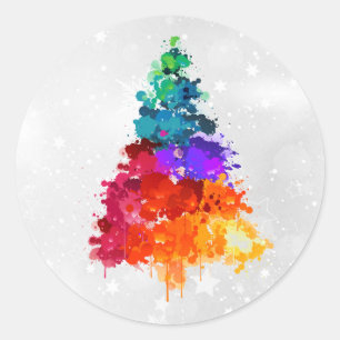 Christmas Tree, Splatter Paint, Primary Colors Classic Round Sticker