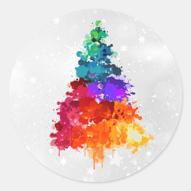 Christmas Tree, Splatter Paint, Primary Colours Classic Round Sticker (Front)