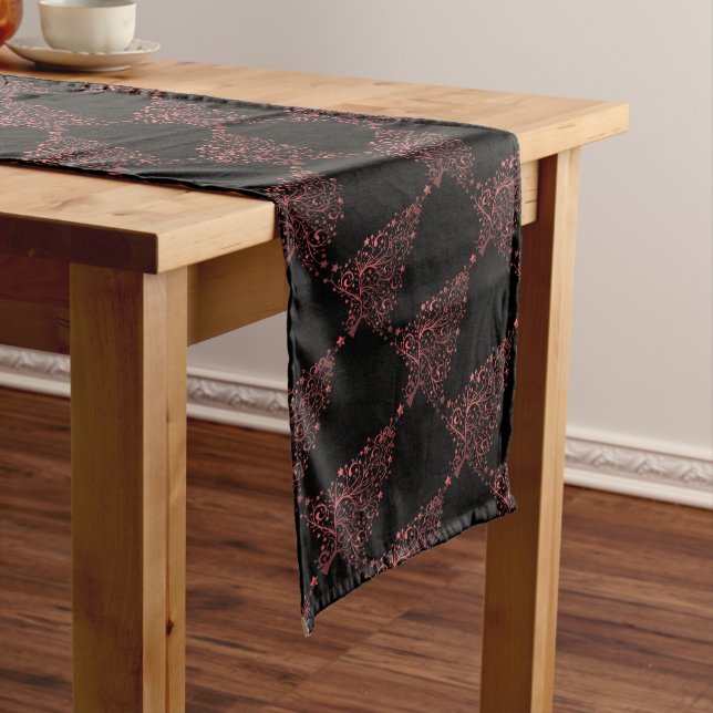 Christmas Tree Stars Black Metallic Look Red Long Table Runner (In Situ)