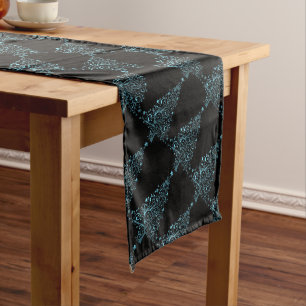 Christmas Tree Stars Black Shiny Metallic Blue Long Table Runner