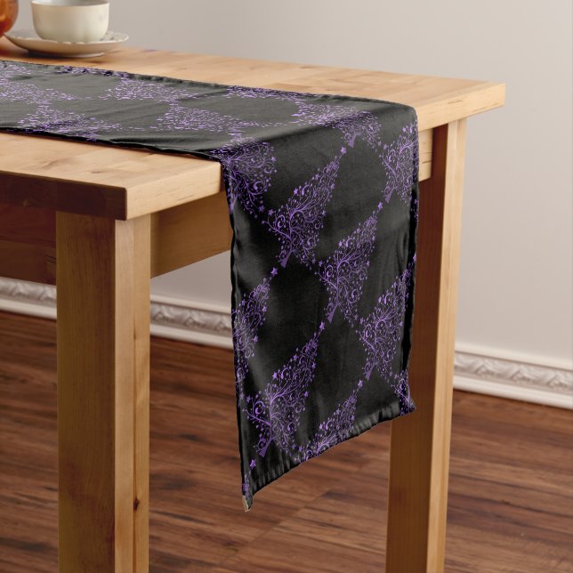 Christmas Tree Stars Black Shiny Metallic Purple Long Table Runner (In Situ)