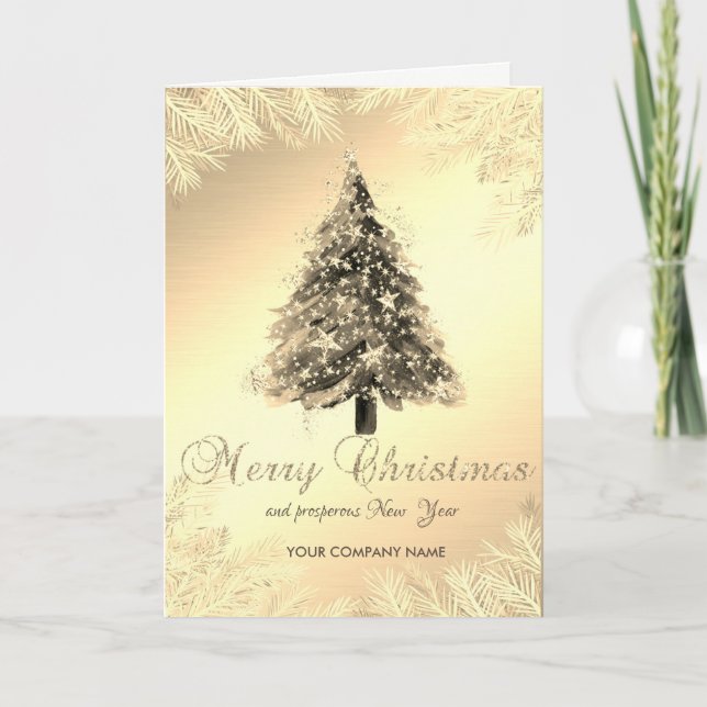 Christmas Tree,Stars,Branches,Gold Corporate Holiday Card (Front)