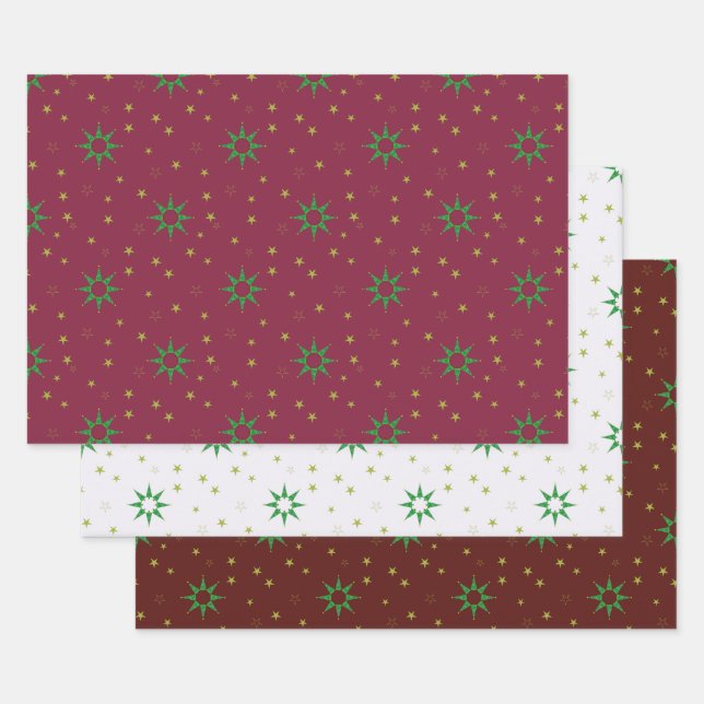 Christmas Tree Stars on white and red Wrapping Paper Sheet (Set)