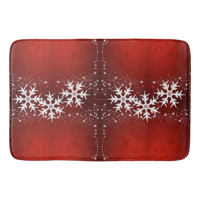 Christmas Tree Stars Snowflakes Red Bath Mat (Front)