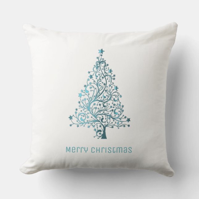 Christmas Tree Stars Turquoise Blue White Cushion (Front)