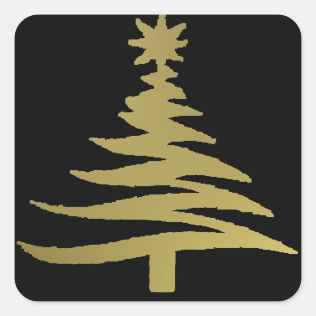 Christmas Tree Stencil Gold on Black Square Sticker (Front)