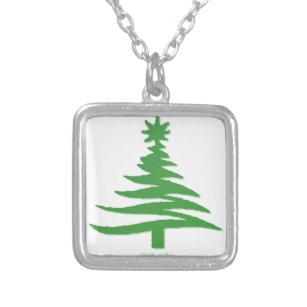 Christmas Tree Stencil Green Silver Plated Necklace