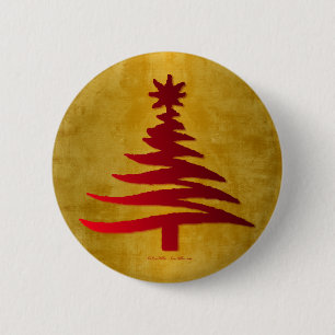Christmas Tree Stencil Red on Gold 6 Cm Round Badge
