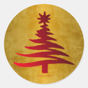 Christmas Tree Stencil Red on Gold Classic Round Sticker
