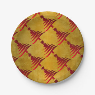 Christmas Tree Stencil Red on Gold Paper Plate