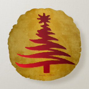 Christmas Tree Stencil Red on Gold Round Cushion