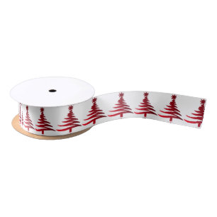 Christmas Tree Stencil Red on White Satin Ribbon