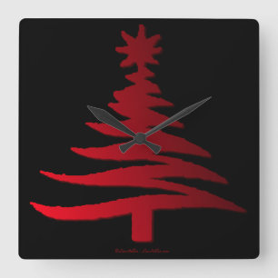Christmas Tree Stencil Red Square Wall Clock