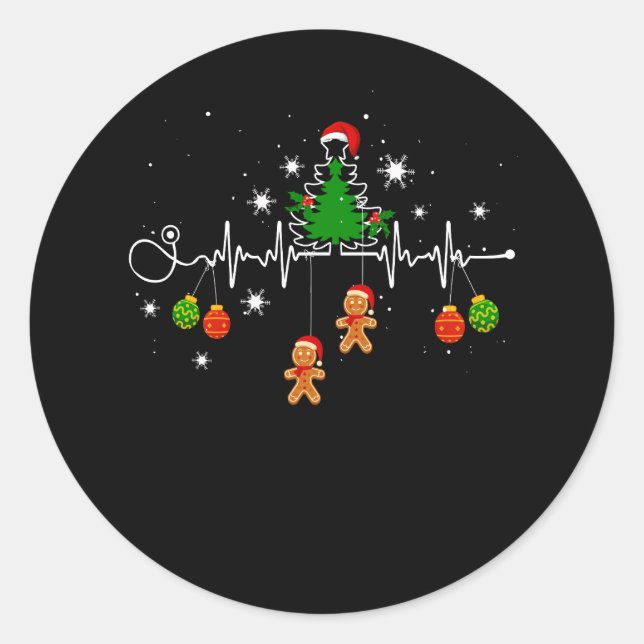 Christmas Tree Stethoscope Heartbeat Gingerbread O Classic Round Sticker (Front)