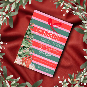 Christmas Tree Stripes Girls Baby Shower Invitation