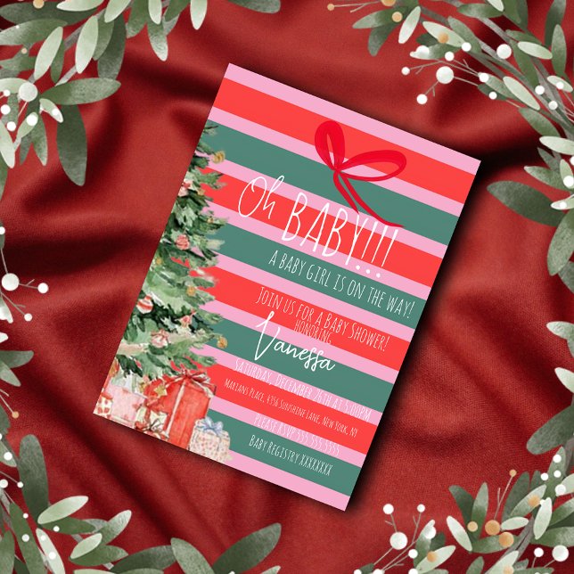 Christmas Tree Stripes Girls Baby Shower   Invitation (Creator Uploaded)