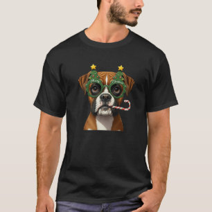 Christmas Tree Sunglasses Boxer Dog Candy Cane Men T-Shirt
