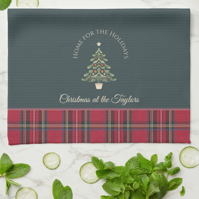 Christmas Tree Tartan Customised Name Christmas Tea Towel (Folded)