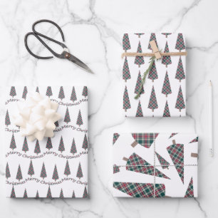 Christmas Tree Tartan Pattern on White Wrapping Paper Sheet
