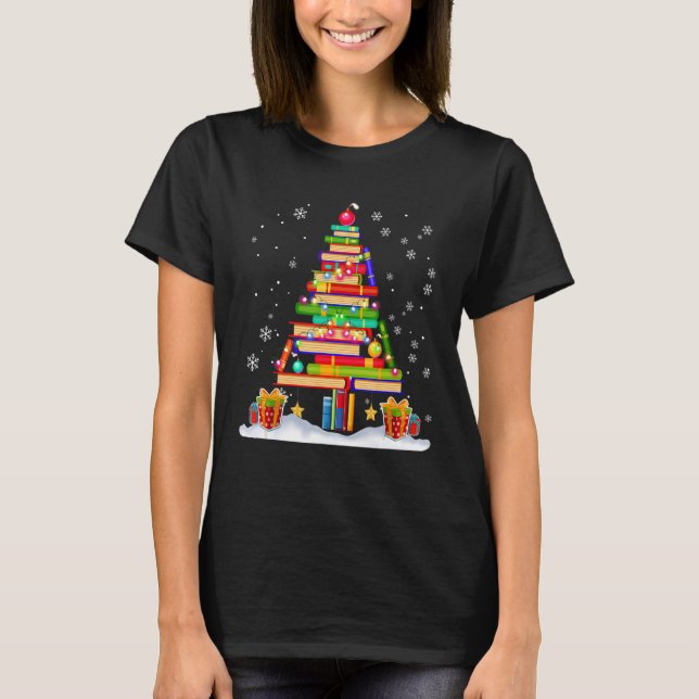 Christmas Tree Teachers Love Reading Books Librari T-Shirt (Front)