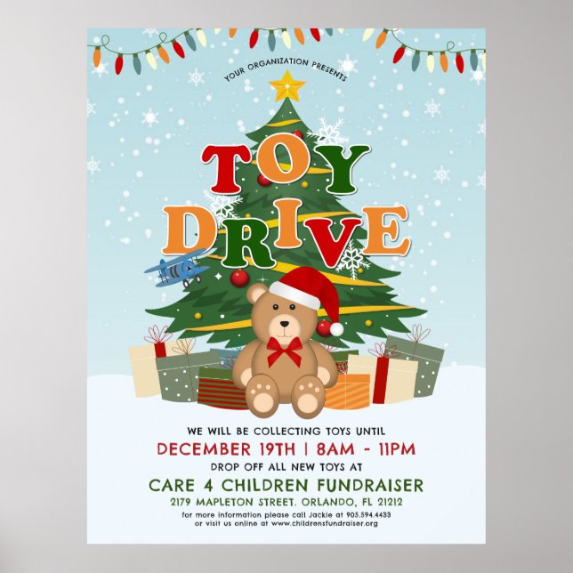 Christmas Tree Teddy Bear Toy Drive Fundraiser Poster (Front)